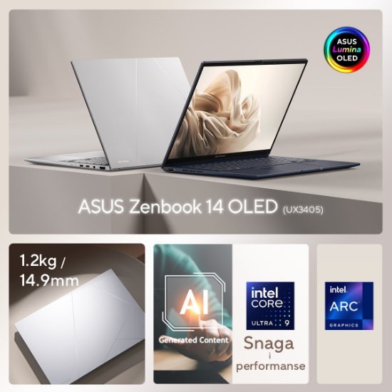 Prenosnik ASUS Zenbook UX3405CA-PZ067X / Core Ultra 9 275HX, 32 GB, 1 TB SSD, Intel HD Graphics, 14" 2,8K 120Hz OLED, Windows 11 Pro, srebrne barve