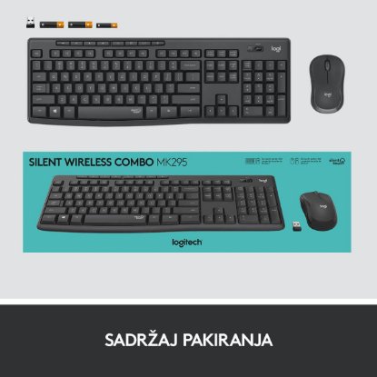 Tipkovnica + miška LOGITECH MK295 Silent Wireless Combo, brezžična, črna, USB