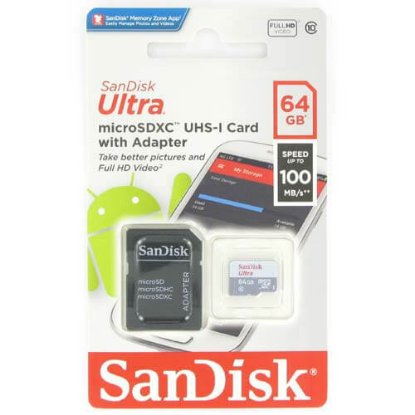 Pomnilniška kartica SANDISK, Micro SDXC Ultra Android, 64GB, SDSQUNR-064G-GN3MA, class 10 UHS-I + adapter