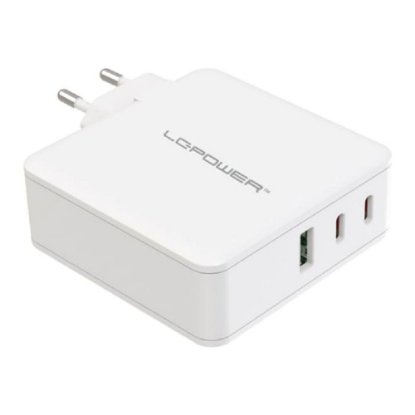 Kućni punjač LC POWER LC-GAN-100, USB-A + 2xUSB-C, GaN 100W, bijeli