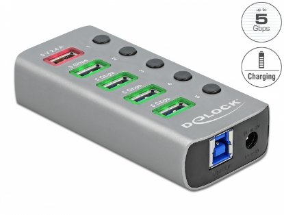 USB HUB DELOCK, 4 USB-A 3.2 Gen 1, 1 USB-A za polnjenje, sklopka za vklop/izklop posameznega vhoda