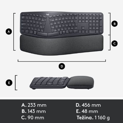 LOGITECH Ergo K860 tipkovnica, ergonomska, brezžična, črna.