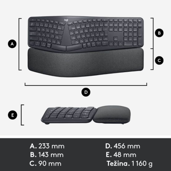 LOGITECH Ergo K860 tipkovnica, ergonomska, brezžična, črna.