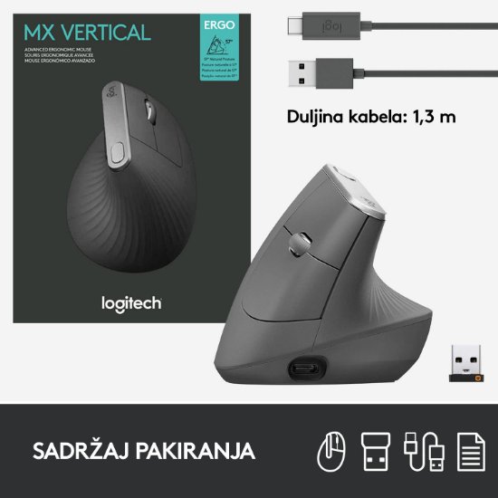 Miška LOGITECH MX Vertical Advanced Ergonomic, optična, brezžična, USB, črna