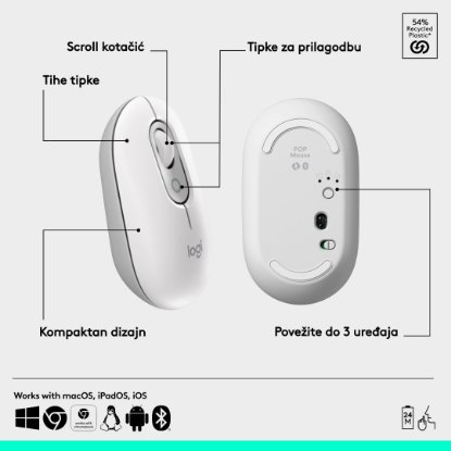 Miška LOGITECH POP, optična, brezžična, USB, BT, 1000dpi, bela