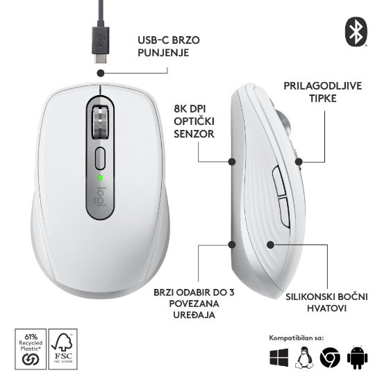 Miška LOGITECH MX Anywhere 3S, laserska, brezžična, BT, pale gray