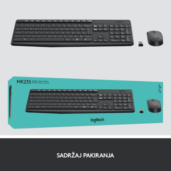 Tipkovnica + miška LOGITECH MK235 Wireless Desktop, brezžična, siva, USB