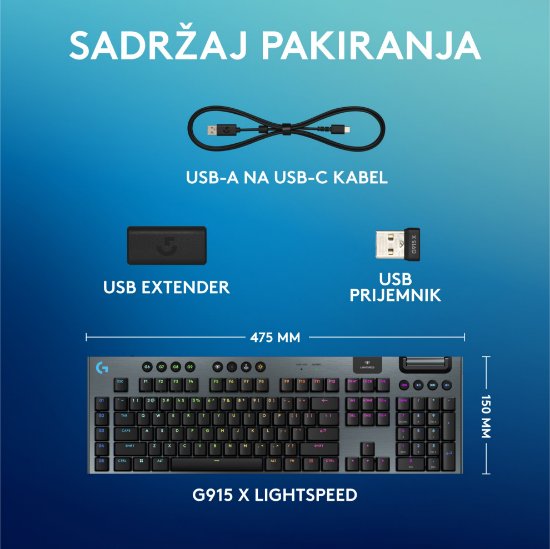 Tipkovnica LOGITECH Gaming G915 X Lightspeed Tactile, RGB, mehanička, brezžična, US Layout, črna