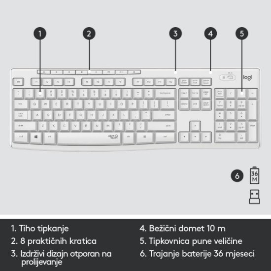 Tipkovnica + miška LOGITECH MK295 Silent Wireless Combo, brezžična, bela, USB