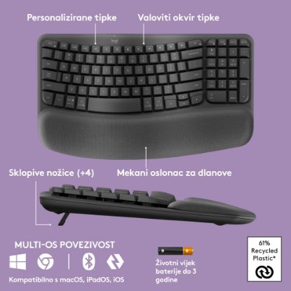 Tipkovnica LOGITECH Wave Keys, ergonomska, brezžična, črna