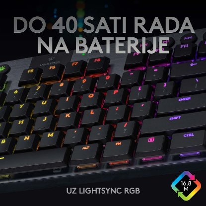 Tipkovnica LOGITECH Gaming G915 TKL Tenkeyless Lightspeed Linear, RGB, mehanička, brezžična, UK Layout, USB, črna