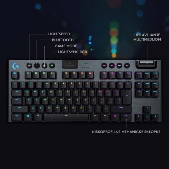 Tipkovnica LOGITECH Gaming G915 TKL Tenkeyless Lightspeed Linear, RGB, mehanička, brezžična, UK Layout, USB, črna