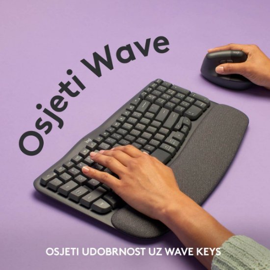 Tipkovnica LOGITECH Wave Keys, ergonomska, brezžična, črna