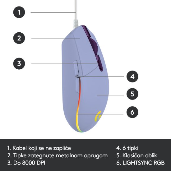 Miška LOGITECH Gaming G102 Lightsync, optična, 8000dpi, lilac, USB