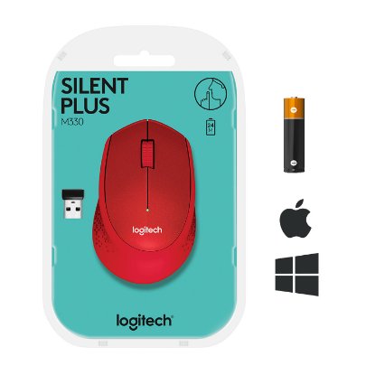 Miška LOGITECH M330 Silent Plus, optički, 1000dpi, bežični, rdeči, USB