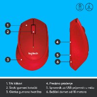 Miška LOGITECH M330 Silent Plus, optički, 1000dpi, bežični, rdeči, USB