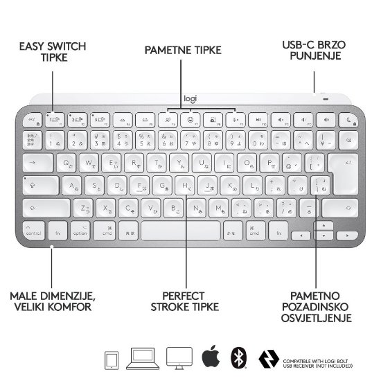 Tipkovnica LOGITECH MX Keys mini za Apple, brezžična, BT, srebrna