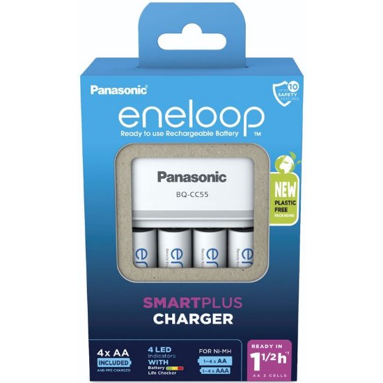 Polnilec za baterije PANASONIC Eneloop Smart KKJ55MCD40E, hiter, 4 polnilna mesta + 4x 2000mAh AA baterije