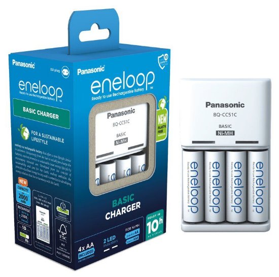 Polnilec za baterije PANASONIC Eneloop Basic KKJ51MCD40E, 4 polnilna mesta + 4x 2000mAh AA baterije