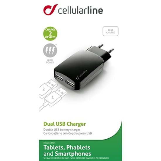 Polnilec CELLULARLINE, 2x USB, 3A, črni