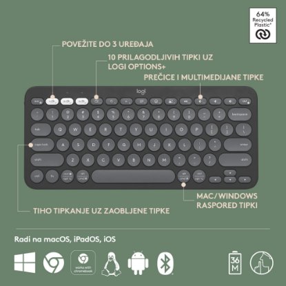 Tipkovnica LOGITECH Pebble Keys 2 K380S, BT, kompaktna, črna