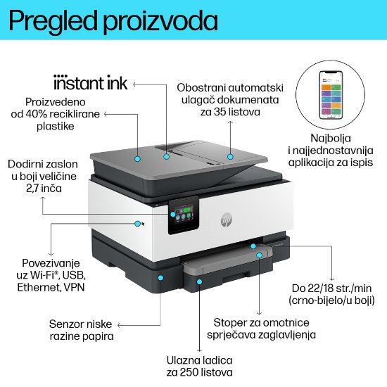 Multifunkcijski Tiskalnik HP OfficeJet Pro 9120e, Tiskalnik/scanner/copier/fax, 4800dpi, 512MB, USB, LAN, WiFi, Instant Ink