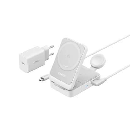 Brezžični polnlec ANKER MagGo 15W, stojalo, MagSafe, 3u1 za Apple iPhone, Watch i AirPods, beli