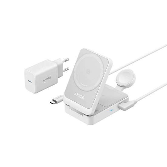 Brezžični polnlec ANKER MagGo 15W, stojalo, MagSafe, 3u1 za Apple iPhone, Watch i AirPods, beli