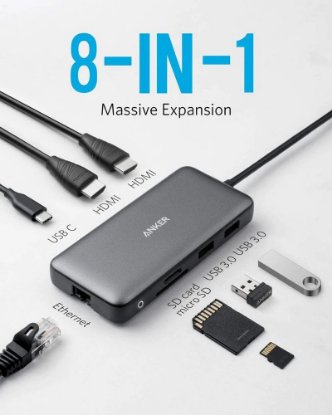 Priklopna postaja ANKER PowerExpand A83800A1, USB-C na 2x USB 3.2 Gen 1, USB-C, 2x HDMI, LAN, bralnik kartic, sivi