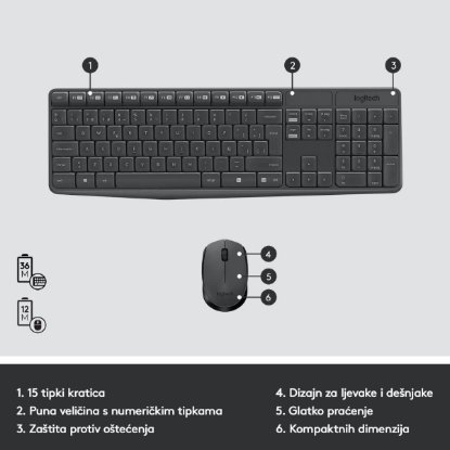 Tipkovnica + miška LOGITECH MK235 Wireless Desktop, brezžična, siva, USB