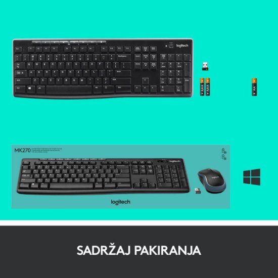 Tipkovnica + miš LOGITECH MK270 Wireless Desktop, bežična, črna, USB