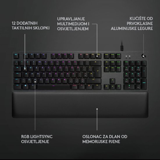 Tipkovnica LOGITECH Gaming G513 Carbon, RGB, mehanička, GX Brown Tactile, US layout, črna