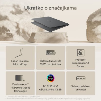 Prenosnik ASUS ZenBook 14 UX3407RA-QD026X / Snapdragon Elite X1E 78 100, 32GB, 1TB SSD, Qualcomm Adreno, 14" WUXGA OLED, Windows 11 Pro, sivi