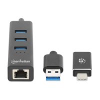 USB HUB MANHATTAN, 3-portni USB 3.0, G-LAN, USB-C adapter, črni
