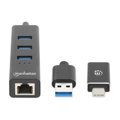 USB HUB MANHATTAN, 3-portni USB 3.0, G-LAN, USB-C adapter, črni