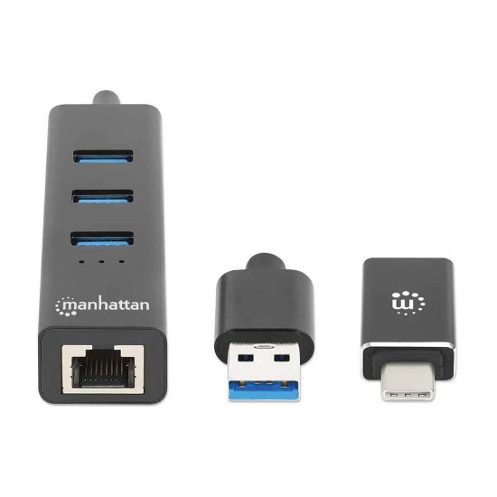 USB HUB MANHATTAN, 3-portni USB 3.0, G-LAN, USB-C adapter, črni