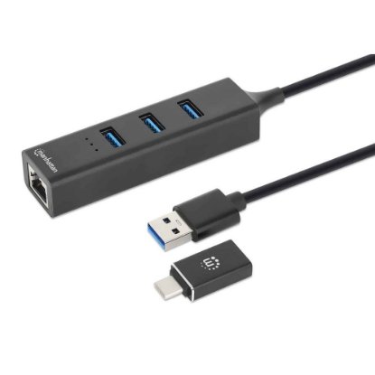 USB HUB MANHATTAN, 3-portni USB 3.0, G-LAN, USB-C adapter, črni