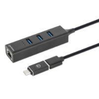 USB HUB MANHATTAN, 3-portni USB 3.0, G-LAN, USB-C adapter, črni