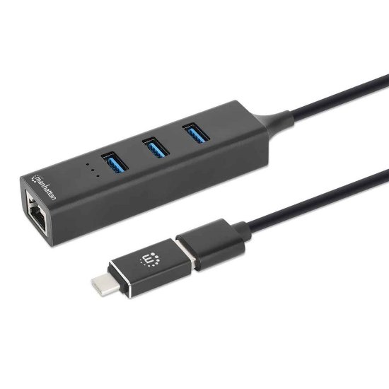 USB HUB MANHATTAN, 3-portni USB 3.0, G-LAN, USB-C adapter, črni