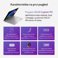 Prenosnik ASUS VivoBook S 15 OLED S5507QA-MA056W / Snapdragon X Elite X1E 78 100, 32GB, 1TB SSD, Qualcomm Adreno, 15.6" 2880x1620 120Hz OLED, Windows 11 Home, sivi