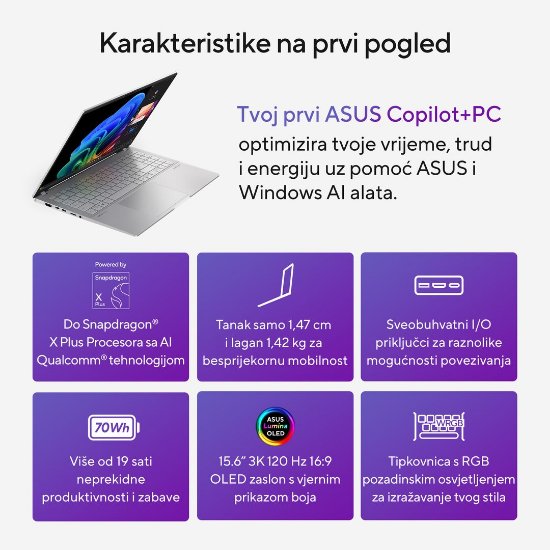 Prenosnik ASUS VivoBook S 15 OLED S5507QA-MA056W / Snapdragon X Elite X1E 78 100, 32GB, 1TB SSD, Qualcomm Adreno, 15.6" 2880x1620 120Hz OLED, Windows 11 Home, sivi