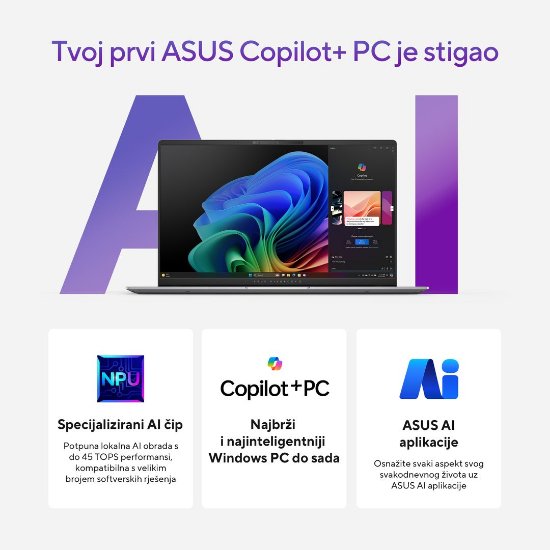 Prenosnik ASUS VivoBook S 15 OLED S5507QA-MA056W / Snapdragon X Elite X1E 78 100, 32GB, 1TB SSD, Qualcomm Adreno, 15.6" 2880x1620 120Hz OLED, Windows 11 Home, sivi