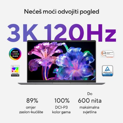 Prenosnik ASUS VivoBook S 15 OLED S5507QA-MA056W / Snapdragon X Elite X1E 78 100, 32GB, 1TB SSD, Qualcomm Adreno, 15.6" 2880x1620 120Hz OLED, Windows 11 Home, sivi