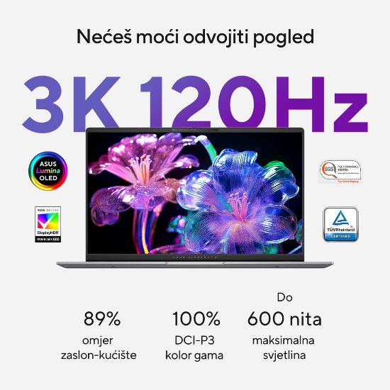 Prenosnik ASUS VivoBook S 15 OLED S5507QA-MA056W / Snapdragon X Elite X1E 78 100, 32GB, 1TB SSD, Qualcomm Adreno, 15.6" 2880x1620 120Hz OLED, Windows 11 Home, sivi