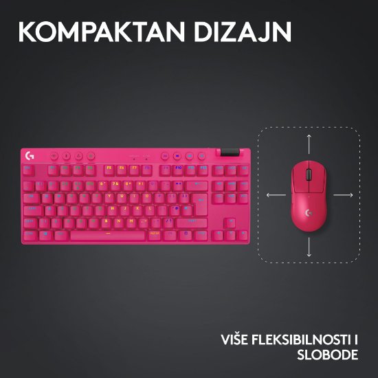 Tipkovnica LOGITECH G Pro X TKL LIGHTSPEED, mehanička, tactile, brezžična, RGB, roza