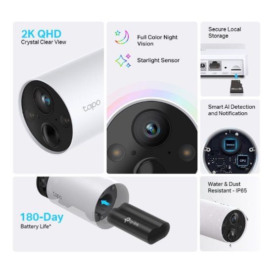 Omrežna nadzorna kamera TP-LINK Tapo C420, 2K QHD 4MP, Full-Color Night Vision, microSD, 2×reflektorja, dvosmerni audio, zaznavanje gibanja, vodoodporna IP65, Wi-Fi, aplikacija Tapo