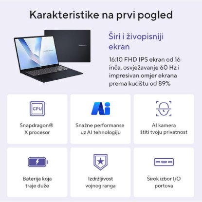 ASUS VivoBook X1607QA-MB005W / Purwa SE , 16GB, 512GB SSD, Qualcomm Adreno, 16" WUXGA IPS, Windows 11