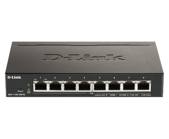 Preklopnik D-LINK DGS-1100-08PV2, spletno upravljan, gigabitni PoE preklopnik, 10/100/1000 Mbps, kovinsko ohišje, 8-portni
