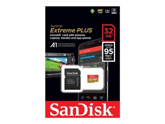 Pomnilniška kartica SANDISK Extreme Plus microSDXC, 32GB, SDSQXBG-032G-GN6MA, Class 10 V30 UHS-I U3 + SD adapter + Rescue Pro Deluxe