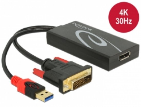 Adapter DELOCK, DVI-I 24+1 (M) na DisplayPort (Ž) + USB-A (M) napajanje, 4K, črni